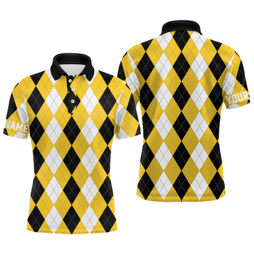 Golf Polo shirts, Mens Golf Polo Shirt Custom Yellow Argyle Plaid Pattern Golf Attire For Men