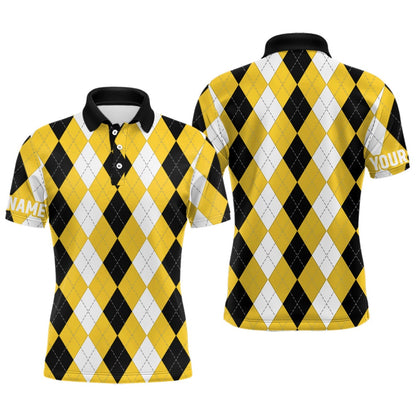 Golf Polo shirts, Mens Golf Polo Shirt Custom Yellow Argyle Plaid Pattern Golf Attire For Men