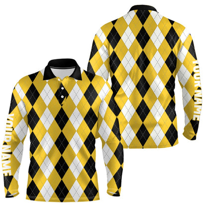 Golf Polo shirts, Mens Golf Polo Shirt Custom Yellow Argyle Plaid Pattern Golf Attire For Men