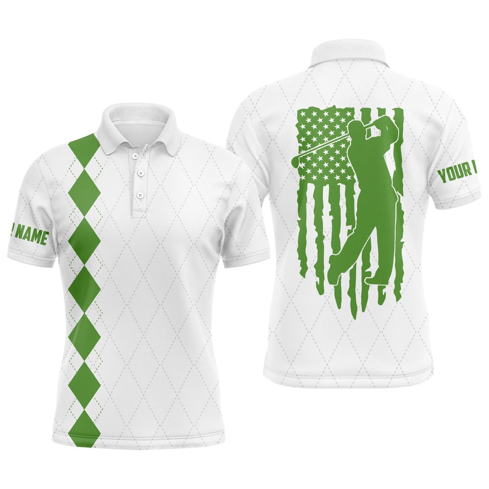 Golf Polo shirts, Mens Golf Polo Shirt Green American Flag Patriotic Golf Shirts Custom Name Golf Gifts