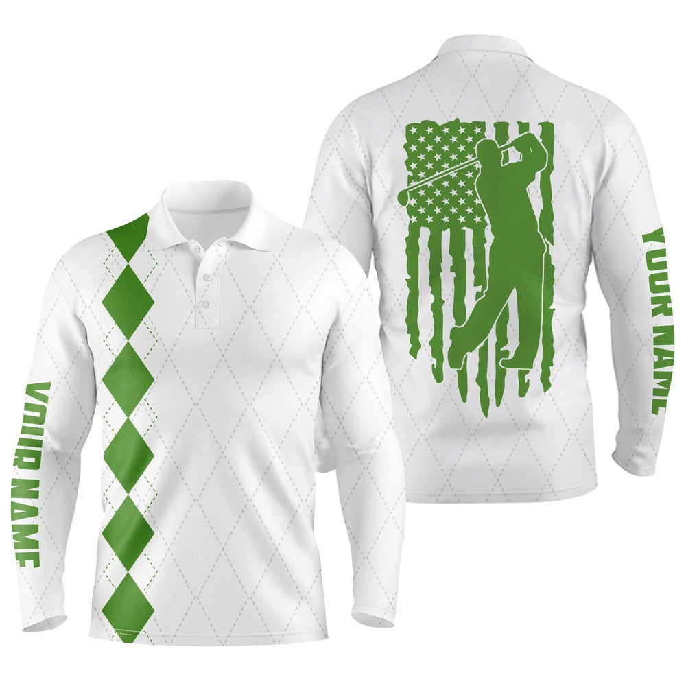 Golf Polo shirts, Mens Golf Polo Shirt Green American Flag Patriotic Golf Shirts Custom Name Golf Gifts