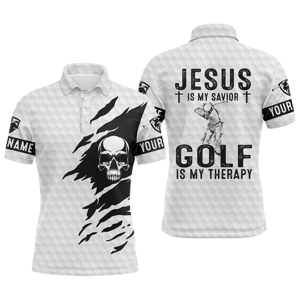 Golf Polo shirts, Mens Golf Polo Shirt Jesus Is My Savior, Golf Is My Therapy Custom Name White Skull Golf Shirt
