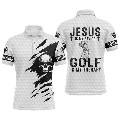 Golf Polo shirts, Mens Golf Polo Shirt Jesus Is My Savior, Golf Is My Therapy Custom Name White Skull Golf Shirt