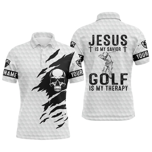 Golf Polo shirts, Mens Golf Polo Shirt Jesus Is My Savior, Golf Is My Therapy Custom Name White Skull Golf Shirt