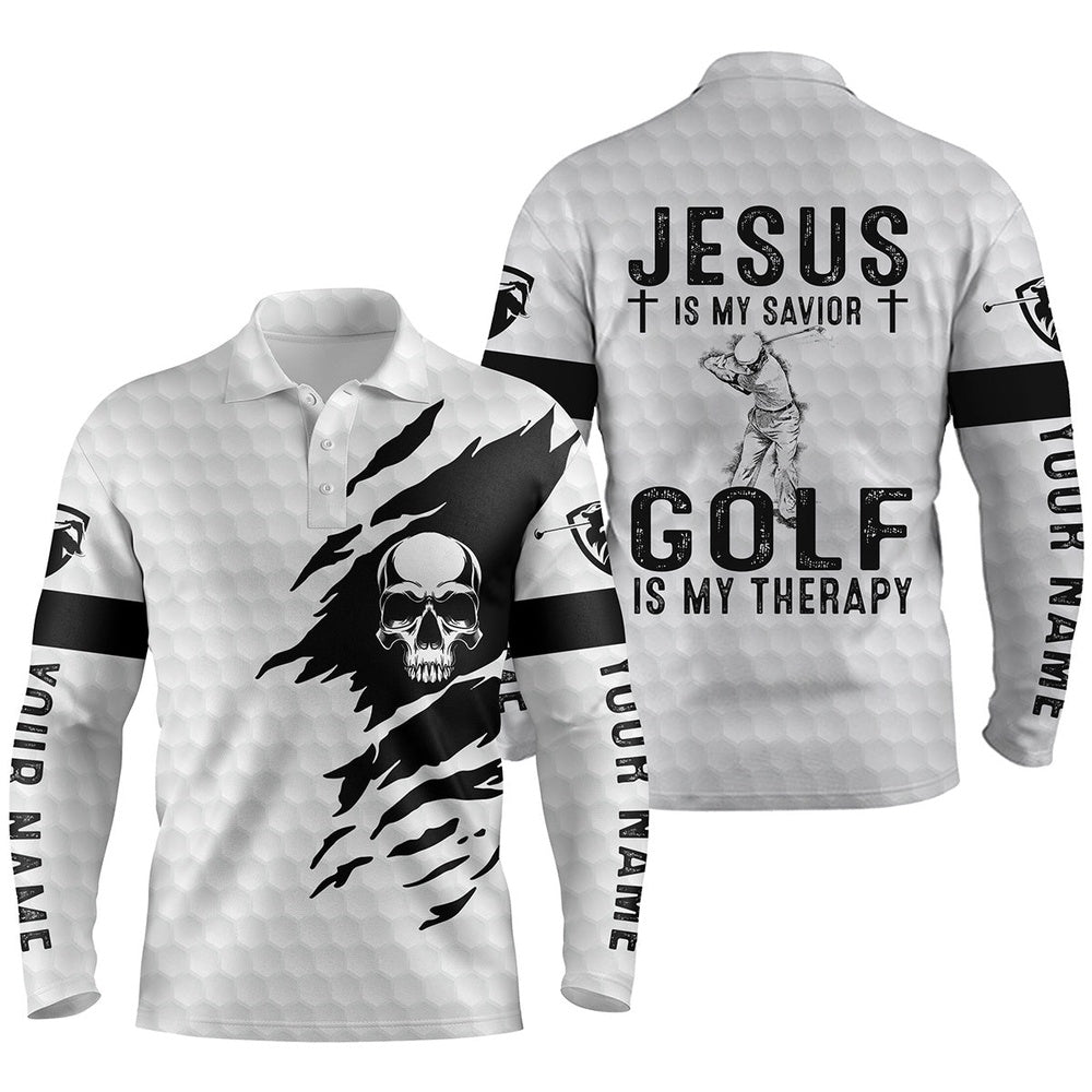 Golf Polo shirts, Mens Golf Polo Shirt Jesus Is My Savior, Golf Is My Therapy Custom Name White Skull Golf Shirt