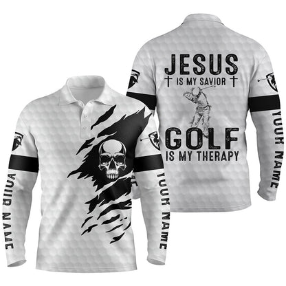 Golf Polo shirts, Mens Golf Polo Shirt Jesus Is My Savior, Golf Is My Therapy Custom Name White Skull Golf Shirt