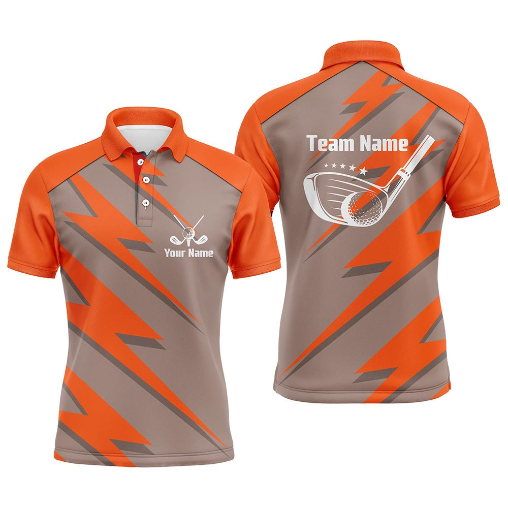Golf Polo shirts, Mens Golf Polo Shirt Orange Lightning Custom Name And Team Name Golf Shirt