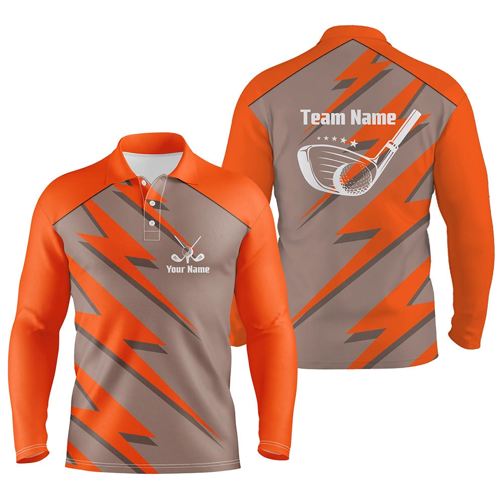 Golf Polo shirts, Mens Golf Polo Shirt Orange Lightning Custom Name And Team Name Golf Shirt