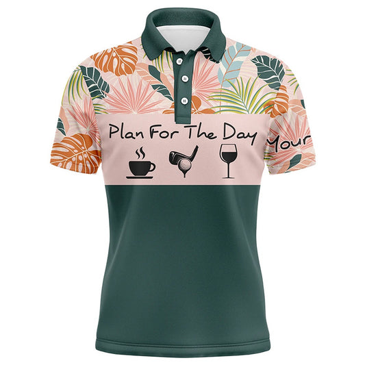 Golf Polo shirts, Mens Golf Polo Shirt Plan For The Day Coffee Golf Wine Custom Name Tropical Leaves Floral Golf Shirt