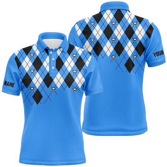 Golf Polo shirts, Mens Golf Polo Shirt Plus Size Blue Argyle Plaid Golf Skull Pattern Custom Name Mens Blue Golf Tops