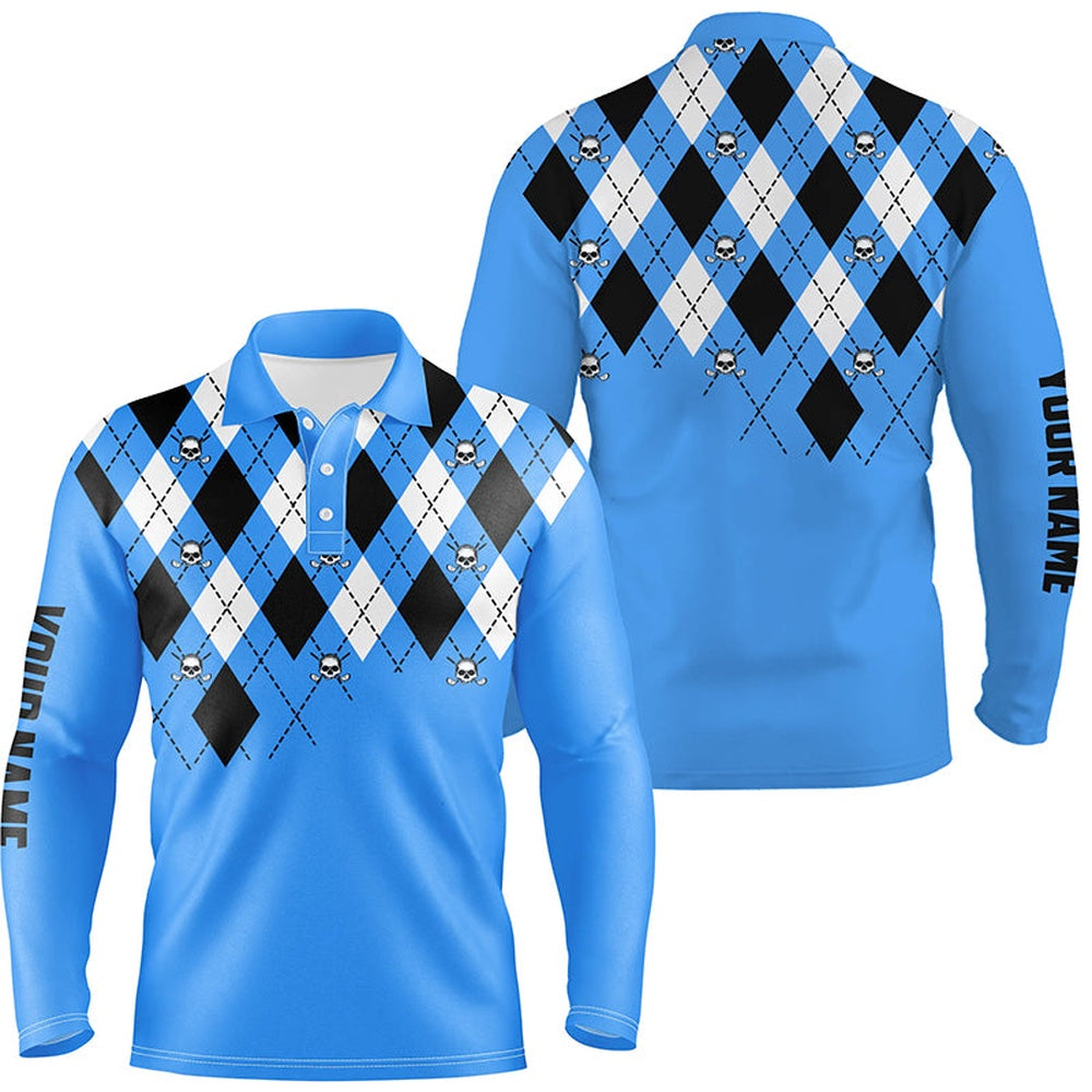 Golf Polo shirts, Mens Golf Polo Shirt Plus Size Blue Argyle Plaid Golf Skull Pattern Custom Name Mens Blue Golf Tops