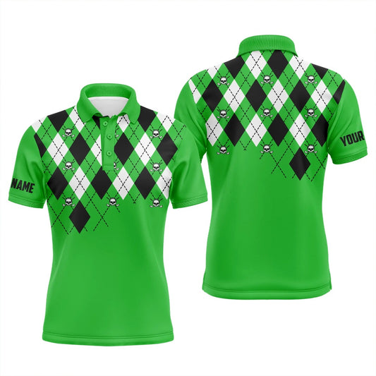 Golf Polo shirts, Mens Golf Polo Shirt Plus Size Green Argyle Plaid Golf Skull Pattern Custom Name Mens Green Golf Tops