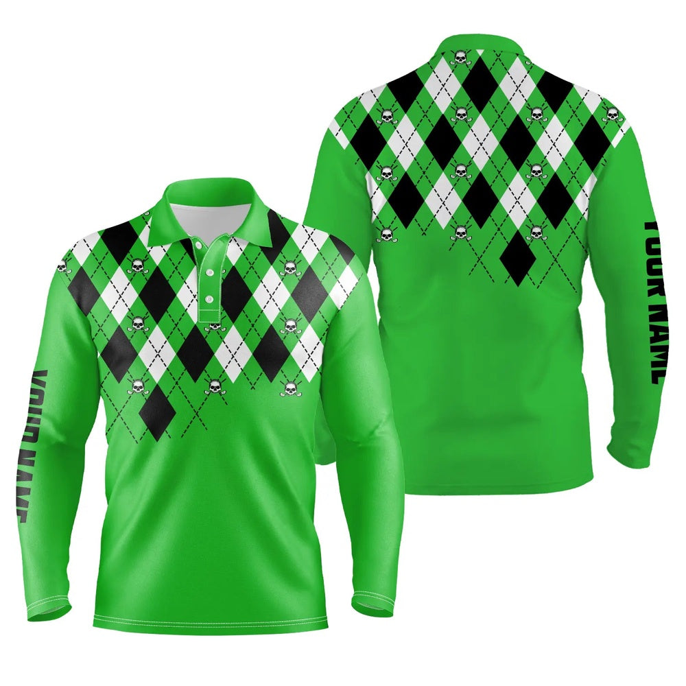 Golf Polo shirts, Mens Golf Polo Shirt Plus Size Green Argyle Plaid Golf Skull Pattern Custom Name Mens Green Golf Tops