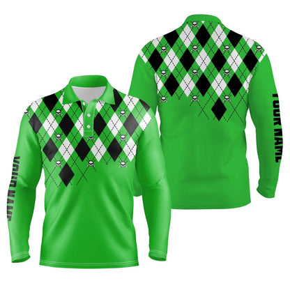 Golf Polo shirts, Mens Golf Polo Shirt Plus Size Green Argyle Plaid Golf Skull Pattern Custom Name Mens Green Golf Tops