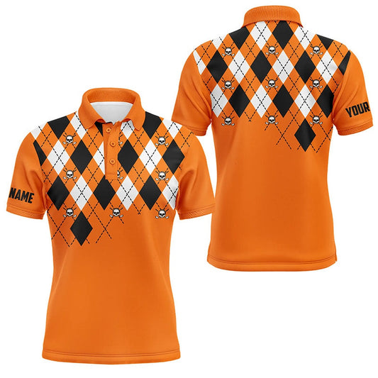 Golf Polo shirts, Mens Golf Polo Shirt Plus Size Orange Argyle Plaid Golf Skull Pattern Custom Mens Halloween Golf Tops