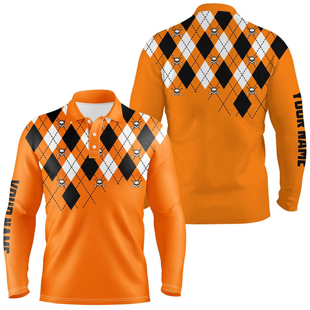Golf Polo shirts, Mens Golf Polo Shirt Plus Size Orange Argyle Plaid Golf Skull Pattern Custom Mens Halloween Golf Tops