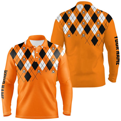 Golf Polo shirts, Mens Golf Polo Shirt Plus Size Orange Argyle Plaid Golf Skull Pattern Custom Mens Halloween Golf Tops