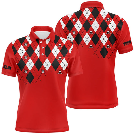 Golf Polo shirts, Mens Golf Polo Shirt Plus Size Red Argyle Plaid Golf Skull Pattern Custom Name Mens Red Golf Tops