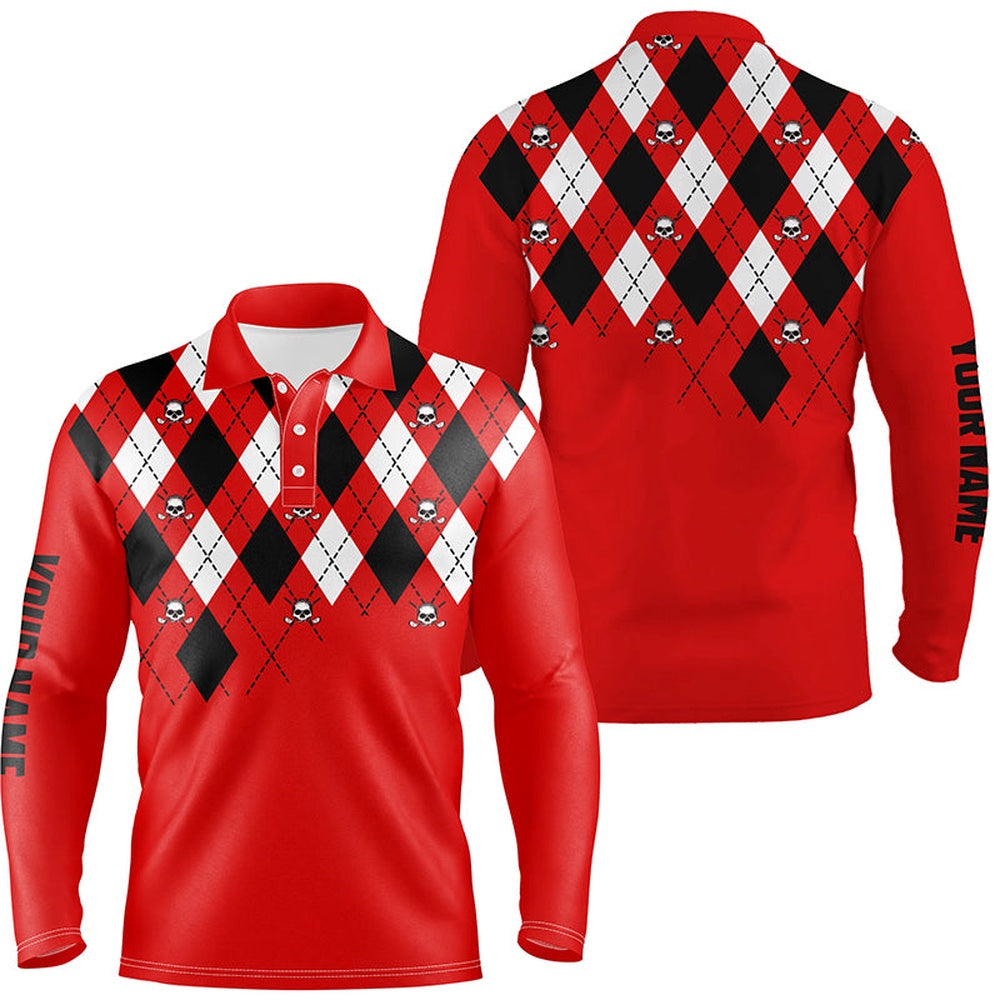 Golf Polo shirts, Mens Golf Polo Shirt Plus Size Red Argyle Plaid Golf Skull Pattern Custom Name Mens Red Golf Tops