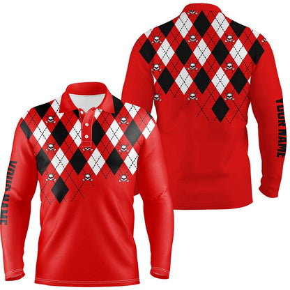 Golf Polo shirts, Mens Golf Polo Shirt Plus Size Red Argyle Plaid Golf Skull Pattern Custom Name Mens Red Golf Tops
