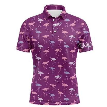 Golf Polo shirts, Mens Golf Polo Shirt Purple Flamingos Birds Pattern Tropical Custom Name Team Golf Polo Shirts