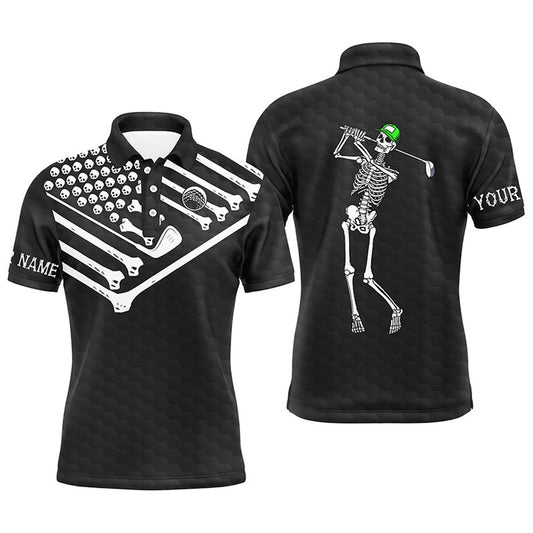 Golf Polo shirts, Mens Golf Polo Shirt Skeleton American Flag Custom Black White Halloween Shirt