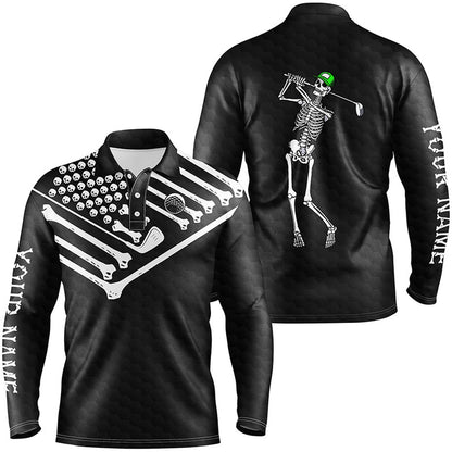 Golf Polo shirts, Mens Golf Polo Shirt Skeleton American Flag Custom Black White Halloween Shirt