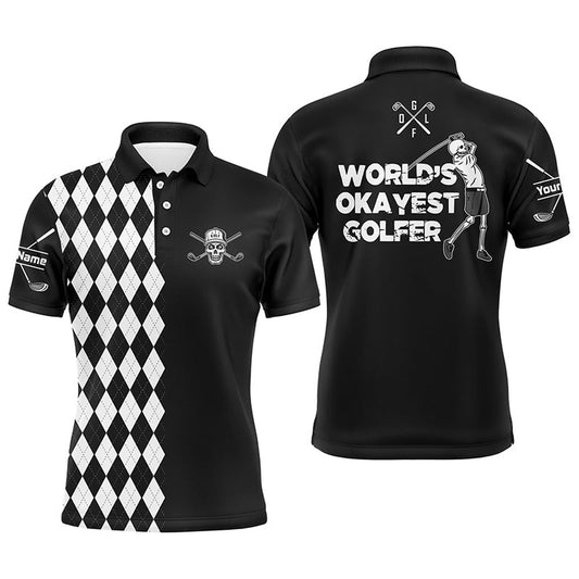 Golf Polo shirts, Mens Golf Polo Shirt Skull World'S Okayest Golfer Custom Name Black & White Argyle Pattern Golf Shirts