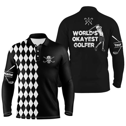 Golf Polo shirts, Mens Golf Polo Shirt Skull World'S Okayest Golfer Custom Name Black & White Argyle Pattern Golf Shirts