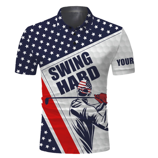 Golf Polo shirts, Mens Golf Polo Shirt Swing Hard American Flag Custom Name Golf Performance Shirts