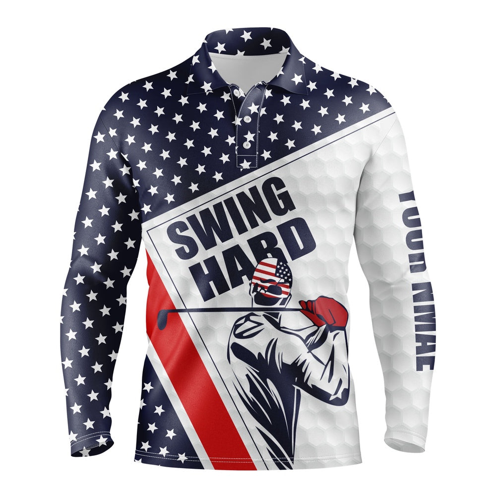 Golf Polo shirts, Mens Golf Polo Shirt Swing Hard American Flag Custom Name Golf Performance Shirts
