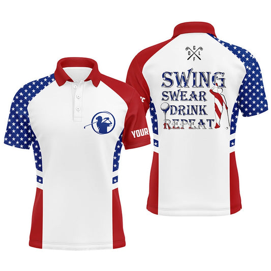 Golf Polo shirts, Mens Golf Polo Shirt Swing Swear Drink Repeat Custom Name American Flag Patriotic White Golf Shirt