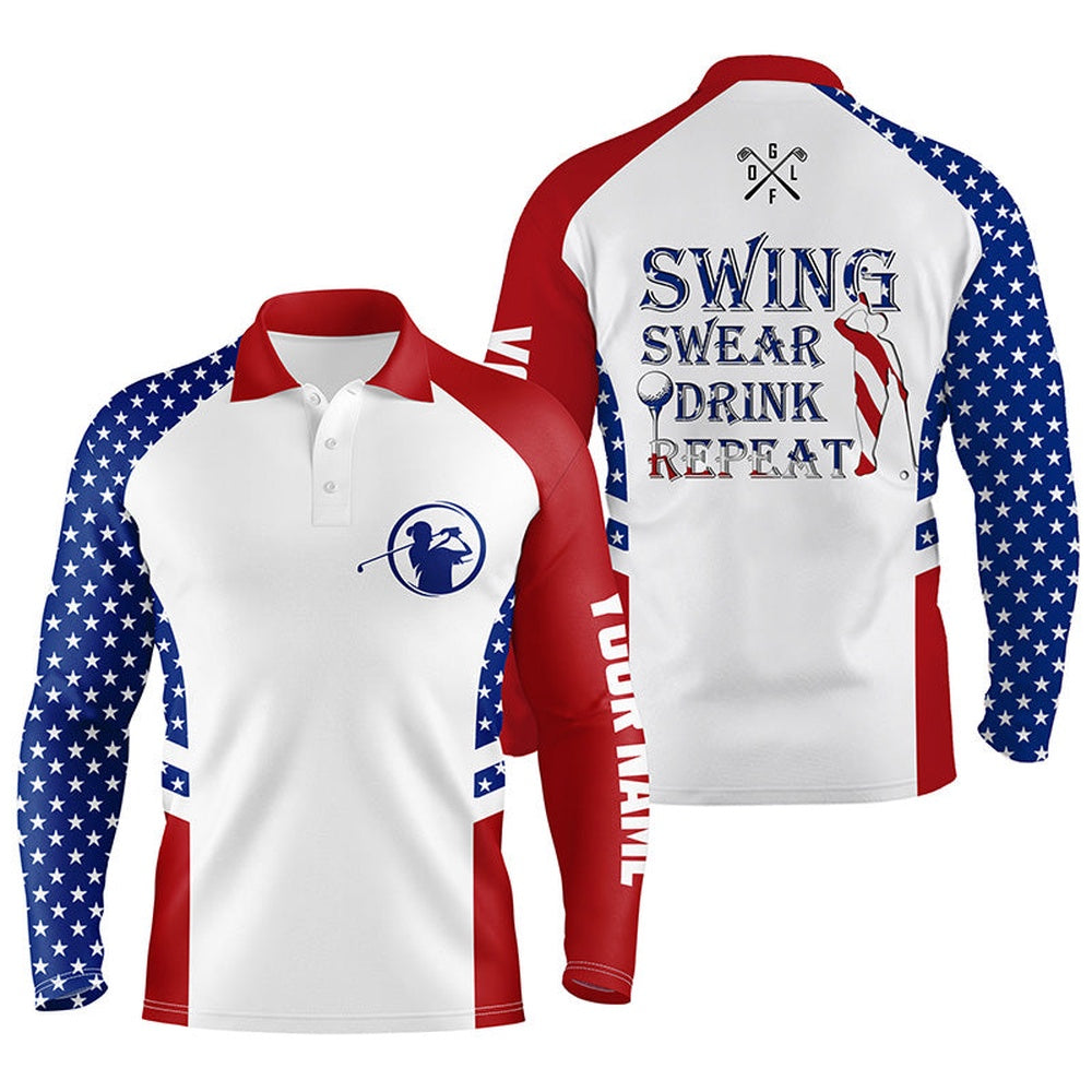 Golf Polo shirts, Mens Golf Polo Shirt Swing Swear Drink Repeat Custom Name American Flag Patriotic White Golf Shirt