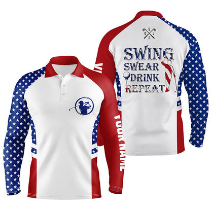 Golf Polo shirts, Mens Golf Polo Shirt Swing Swear Drink Repeat Custom Name American Flag Patriotic White Golf Shirt