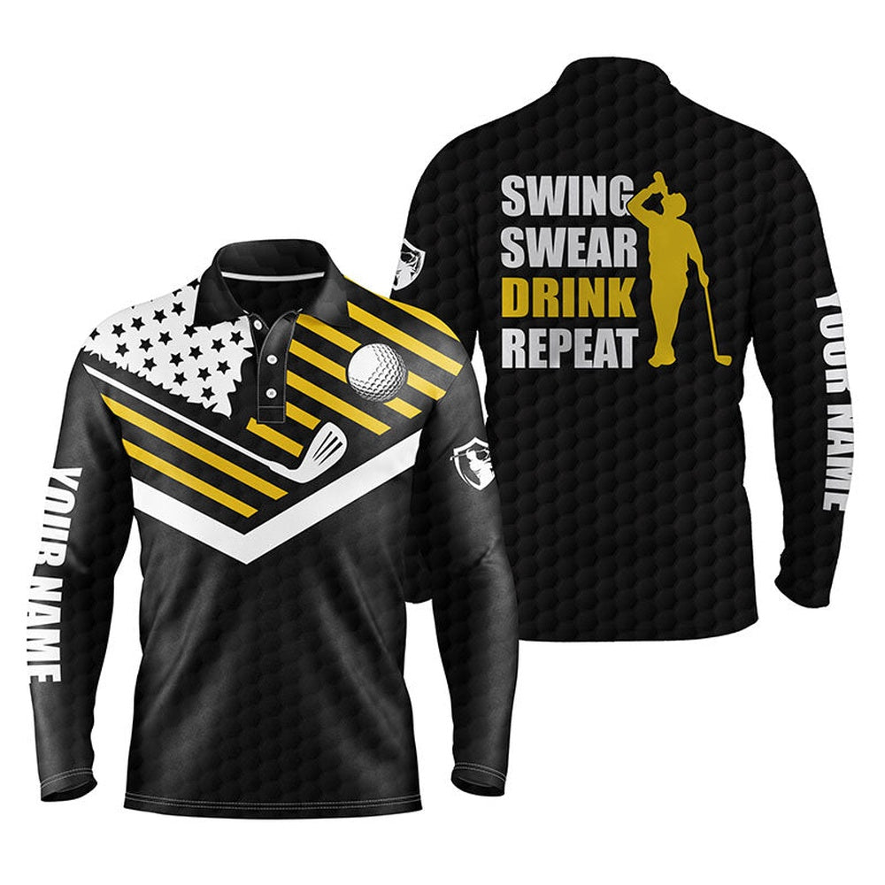 Golf Polo shirts, Mens Golf Polo Shirt Swing Swear Drink Repeat Custom Name Black American Flag Golf Shirts