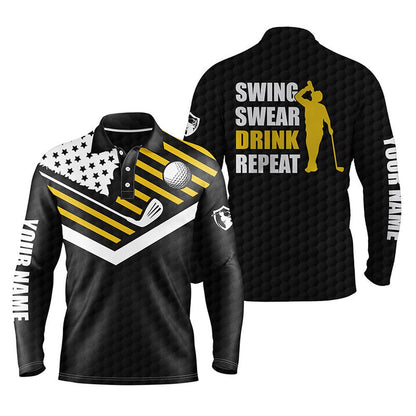 Golf Polo shirts, Mens Golf Polo Shirt Swing Swear Drink Repeat Custom Name Black American Flag Golf Shirts