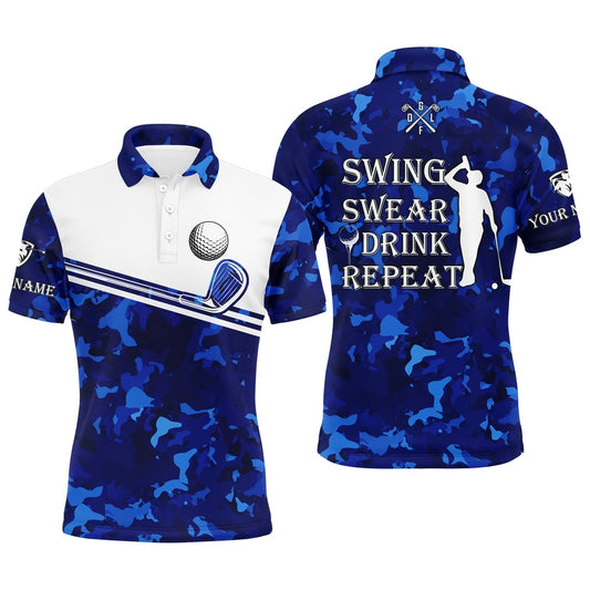 Golf Polo shirts, Mens Golf Polo Shirt Swing Swear Drink Repeat Custom Name Blue Camo White Men Golf Shirts