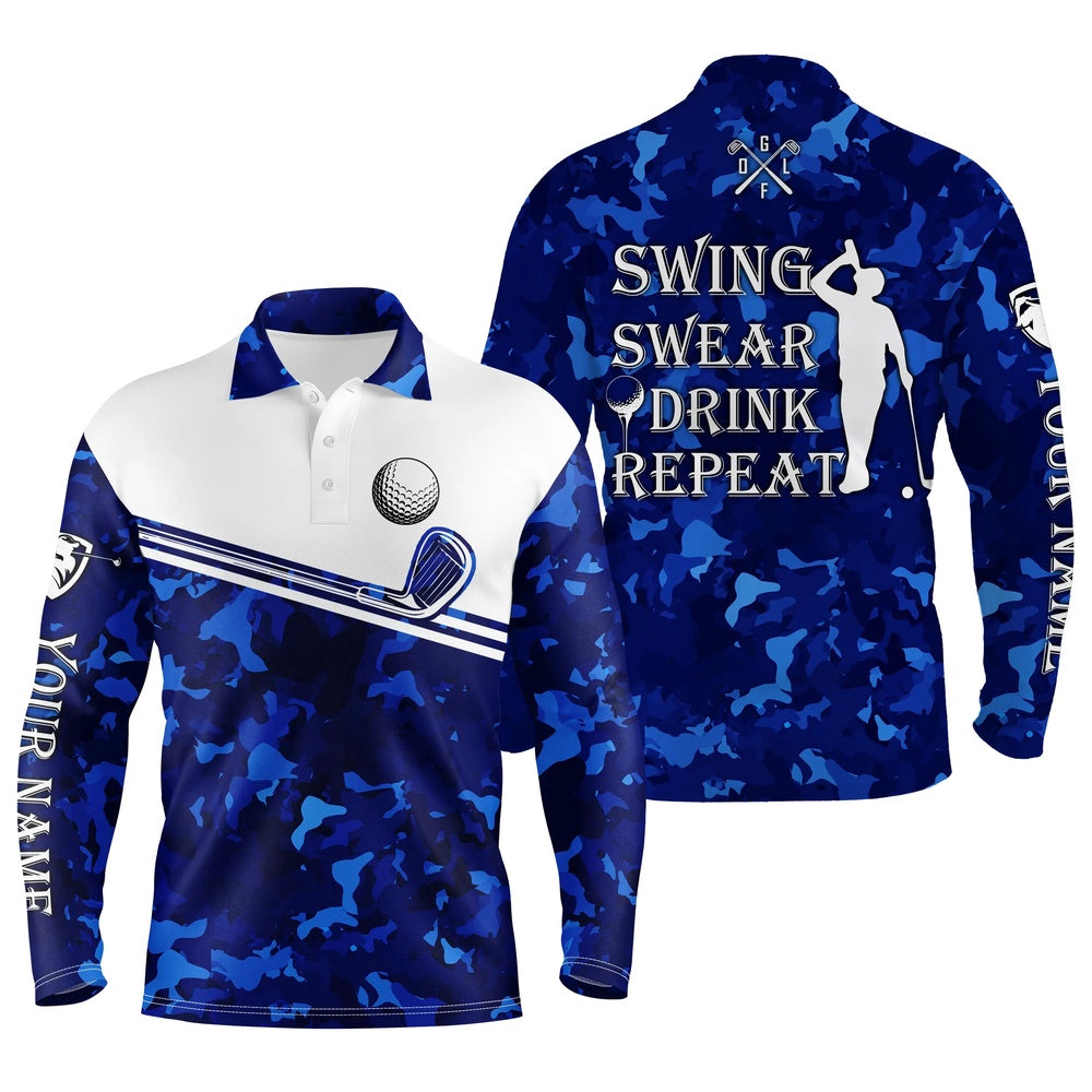 Golf Polo shirts, Mens Golf Polo Shirt Swing Swear Drink Repeat Custom Name Blue Camo White Men Golf Shirts