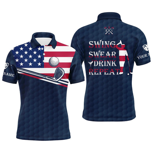 Golf Polo shirts, Mens Golf Polo Shirt Swing Swear Drink Repeat Custom Name Blue Navy American Flag Men Golf Shirts