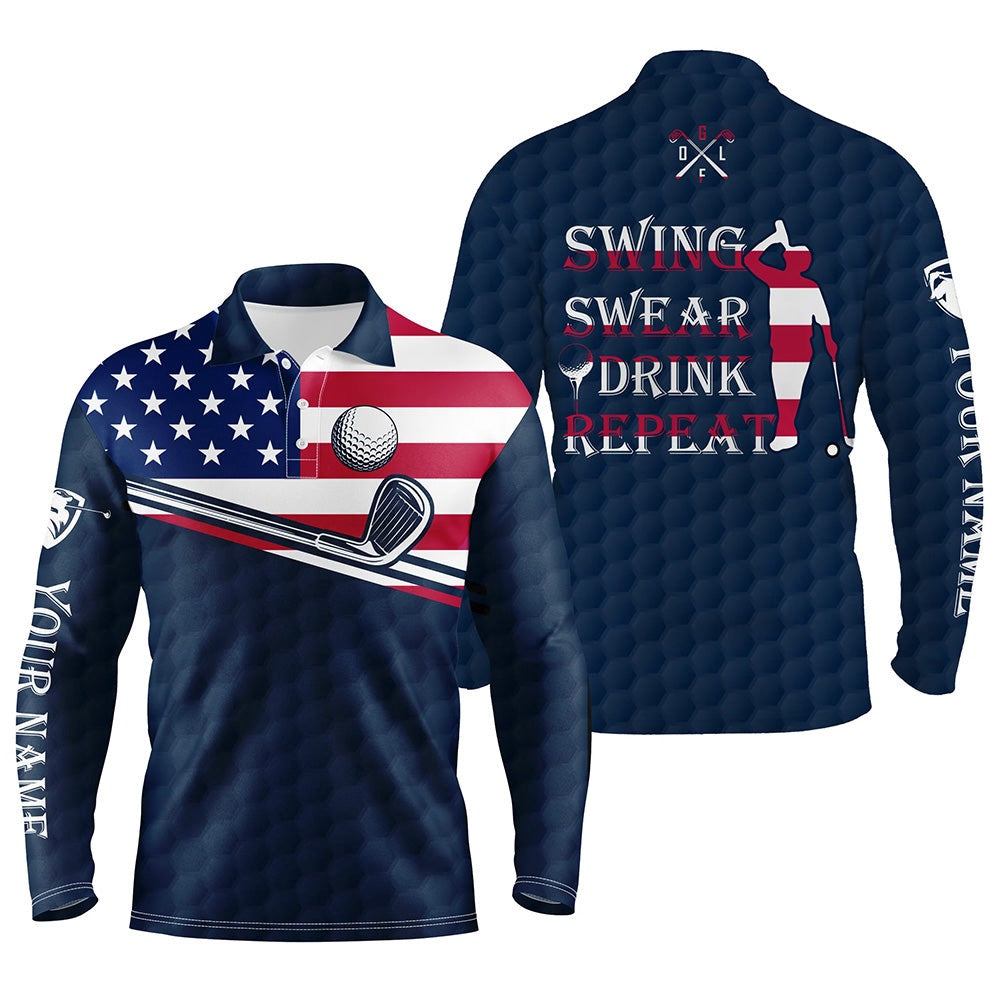 Golf Polo shirts, Mens Golf Polo Shirt Swing Swear Drink Repeat Custom Name Blue Navy American Flag Men Golf Shirts