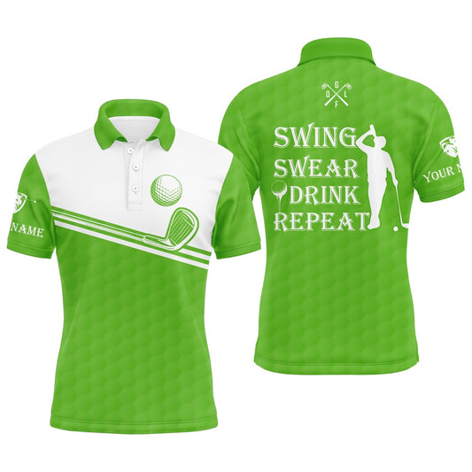 Golf Polo shirts, Mens Golf Polo Shirt Swing Swear Drink Repeat Custom Name Green White Men Golf Shirts