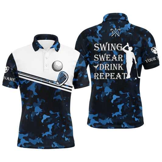 Golf Polo shirts, Mens Golf Polo Shirt Swing Swear Drink Repeat Custom Name Navy Blue Camo White Men Golf Shirts