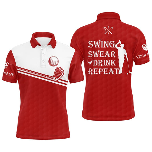 Golf Polo shirts, Mens Golf Polo Shirt Swing Swear Drink Repeat Custom Name Red White Men Golf Shirts