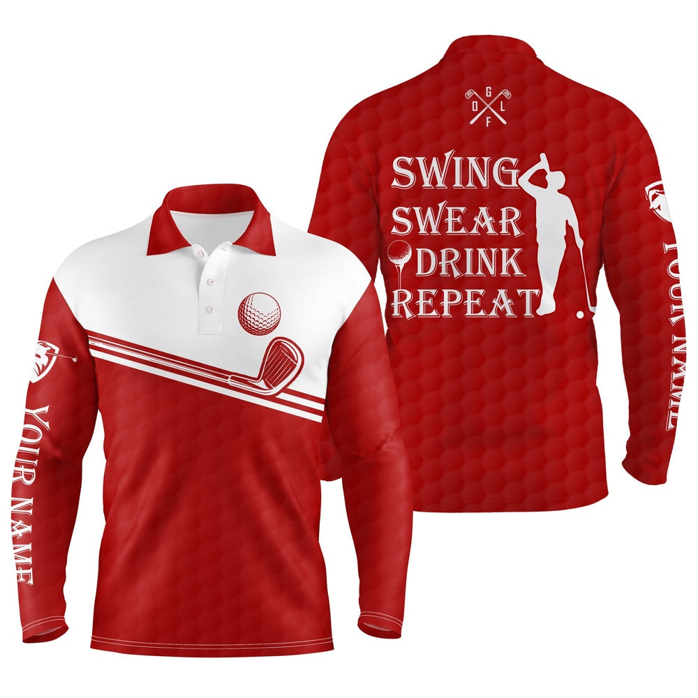 Golf Polo shirts, Mens Golf Polo Shirt Swing Swear Drink Repeat Custom Name Red White Men Golf Shirts