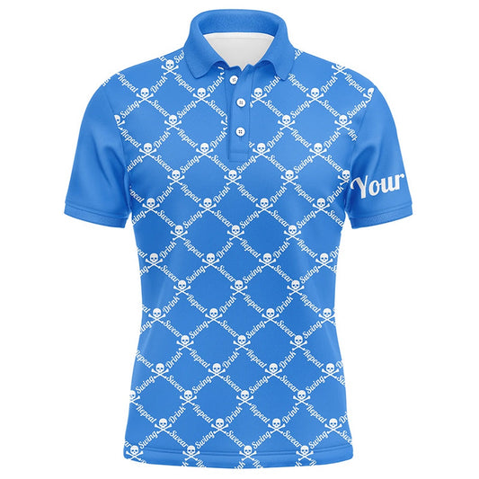 Golf Polo shirts, Mens Golf Polo Shirt Swing Swear Drink Repeat Golf Skull Custom Name Golf Wear For Mens Blue