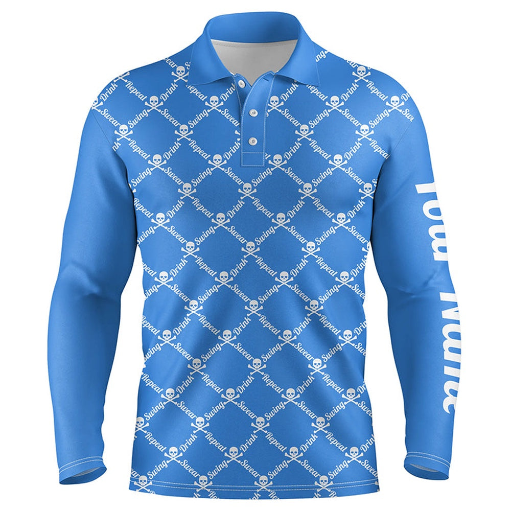 Golf Polo shirts, Mens Golf Polo Shirt Swing Swear Drink Repeat Golf Skull Custom Name Golf Wear For Mens Blue