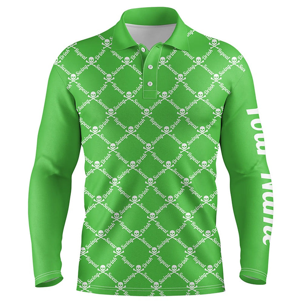 Golf Polo shirts, Mens Golf Polo Shirt Swing Swear Drink Repeat Golf Skull Custom Name Golf Wear For Mens Green