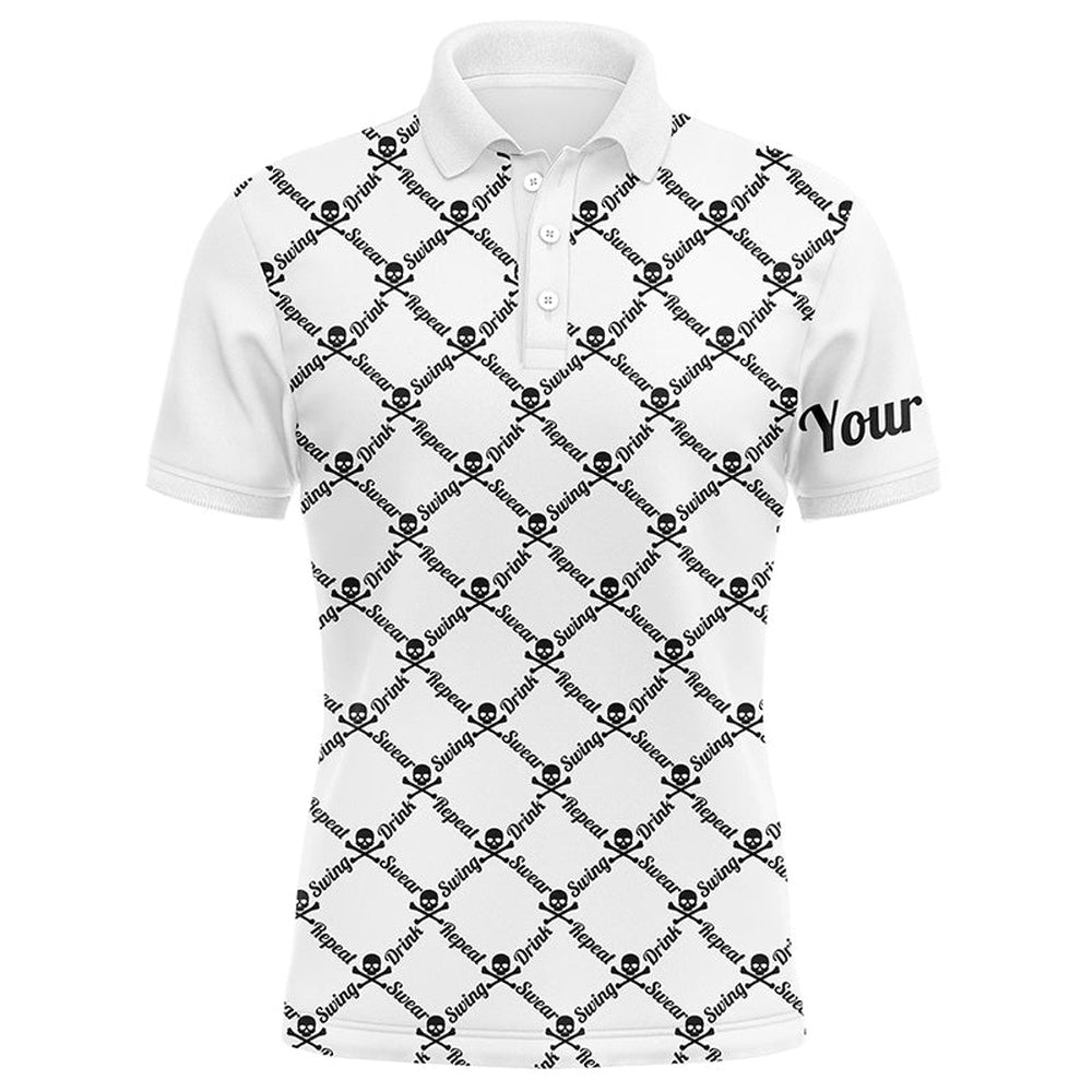 Golf Polo shirts, Mens Golf Polo Shirt Swing Swear Drink Repeat Golf Skull Custom Name Golf Wear For Mens White