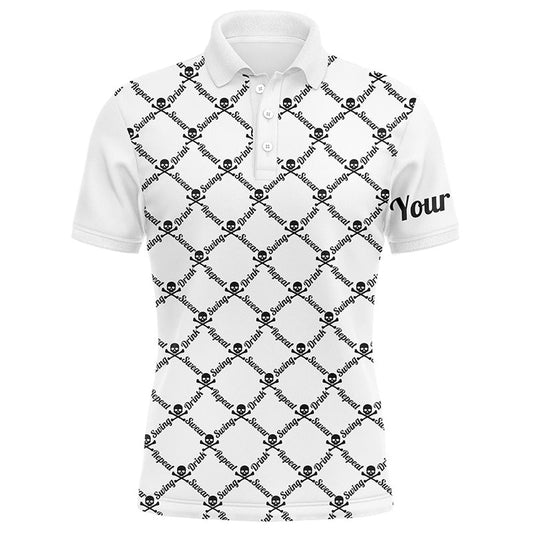 Golf Polo shirts, Mens Golf Polo Shirt Swing Swear Drink Repeat Golf Skull Custom Name Golf Wear For Mens White