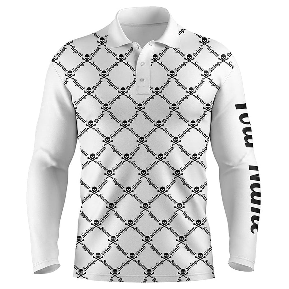 Golf Polo shirts, Mens Golf Polo Shirt Swing Swear Drink Repeat Golf Skull Custom Name Golf Wear For Mens White